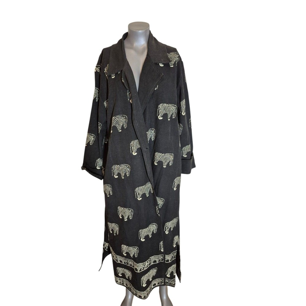 Vintage 90s Y2k Zebra Print Long Coat Indian Cotton Canvas Over Coat Blk Sz XS-L